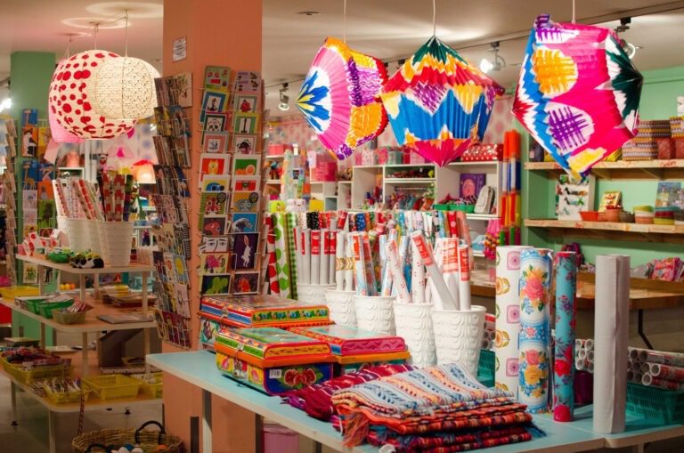 Colorful gift and stationery shop with lanterns and wrapping paper in Amsterdam