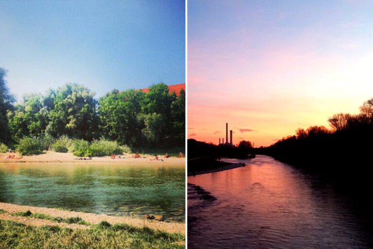 Riverbank and sunset view along the Isar river in Munich