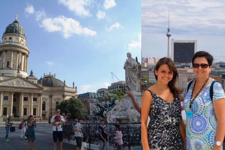 Tourists at Gendarmenmarkt and Berlin TV Tower during a city tour in Berlin
