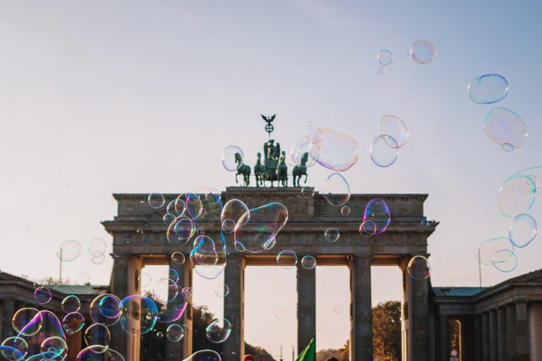 Brandenburg Tor with soap bubbles on the foreground