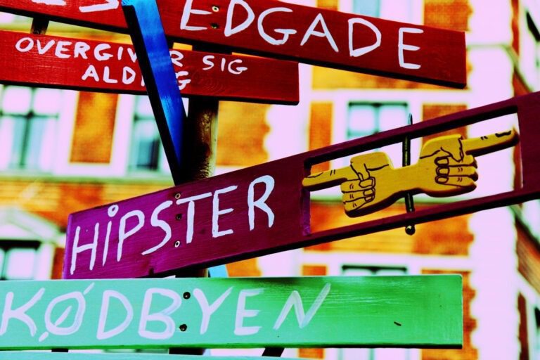 Colorful hipster street signs in the Kødbyen district of Copenhagen