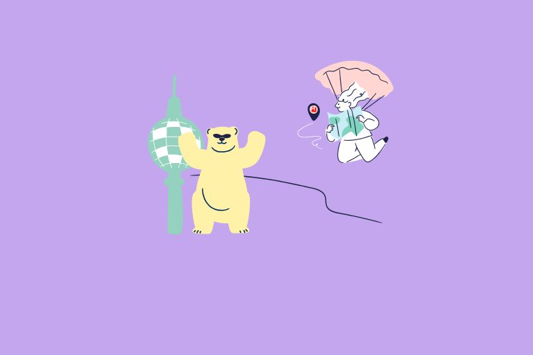 Drawing of a person on a parachute and bear with the TV tower on a violet background