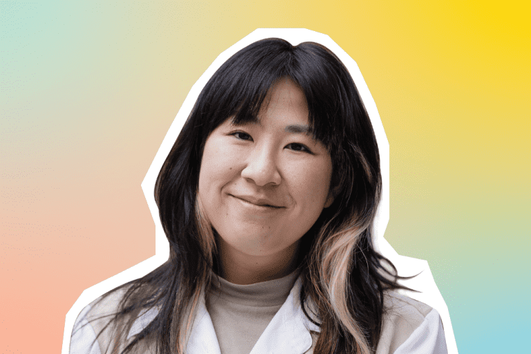 Portrait of Ming, Offline Marketing Manager at MEININGER Hotels on a colourful background