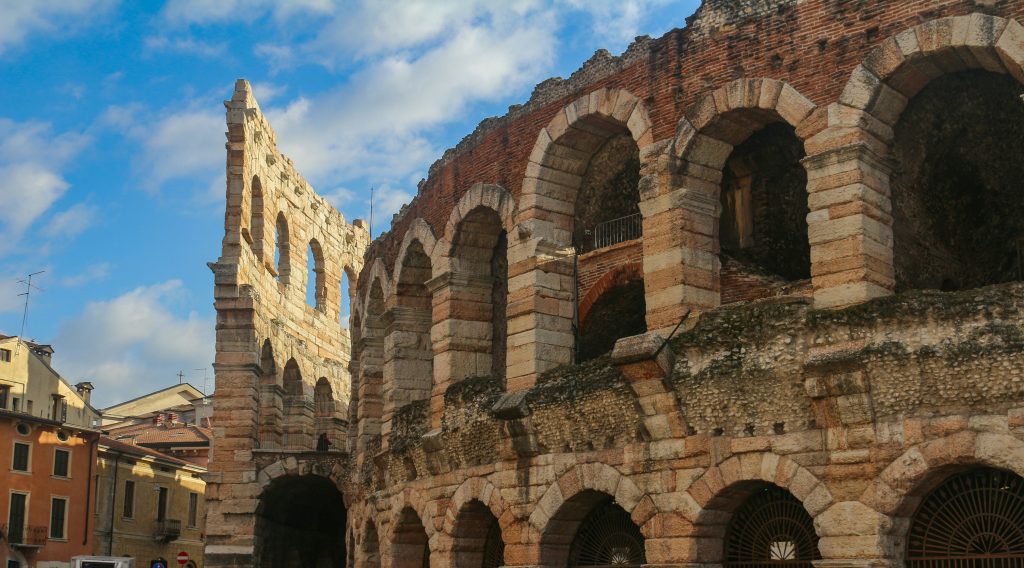 Winter olympics Italy: Historic Roman amphitheatre Arena di Verona with arches and stone walls