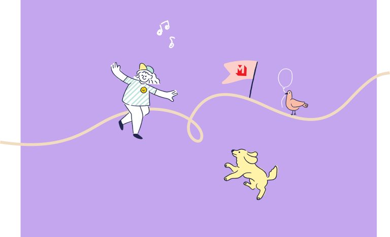 Drawing of a person walking on a path with a pink MEININGER flag on a violet background