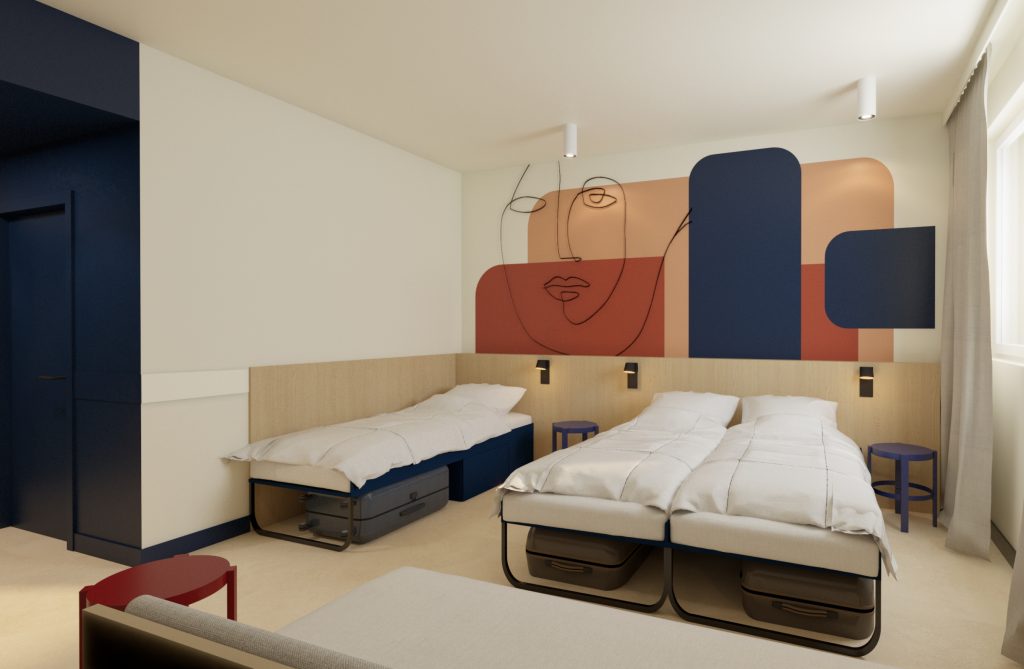 Ein Einzelbett und zwei Betten mit blauer, roter und orangefarbener Wanddekoration