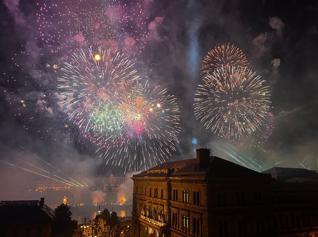 Hungary national day: August 20 fireworks over Budapest seen from MEININGER Hotel terrace