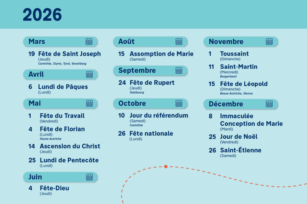 Calendrier des jours fériés en Autriche pour 2026