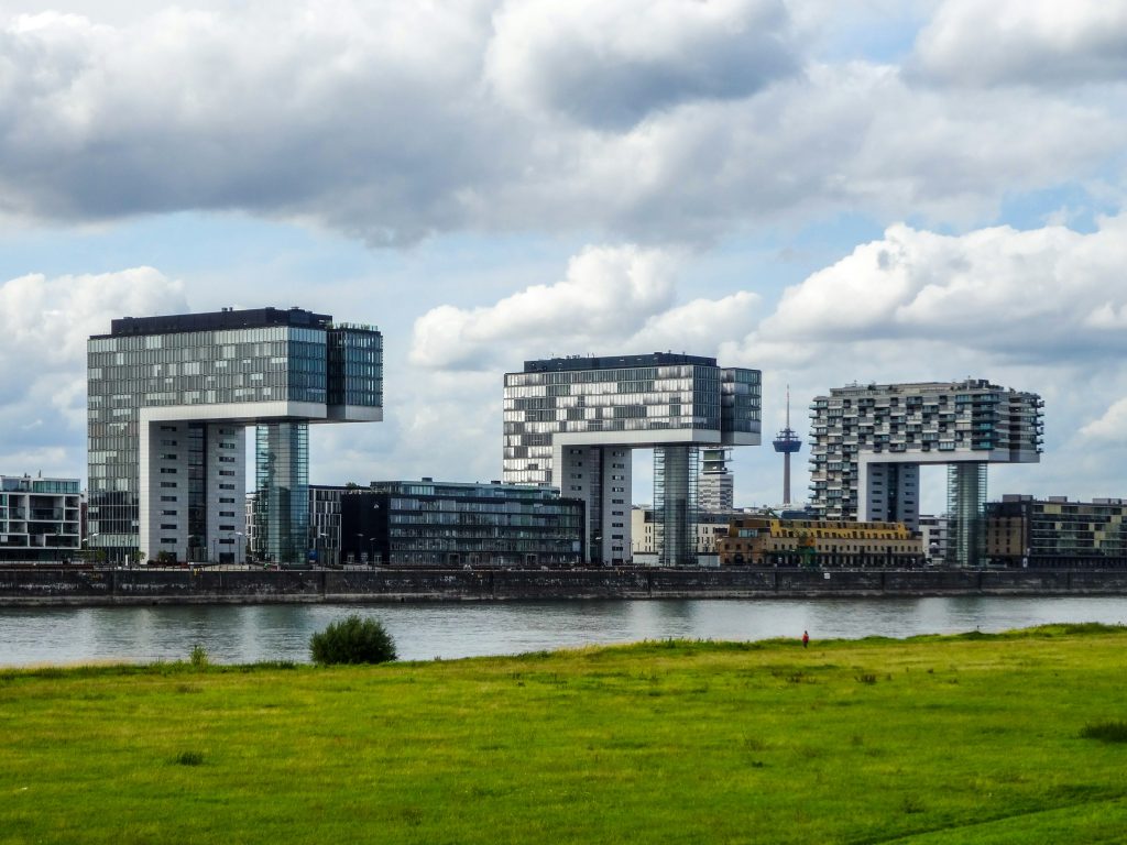 Cologne Instagram spots: The Kranhäuser cranes at Cologne's Rheinauhafen seen from across the Rhine