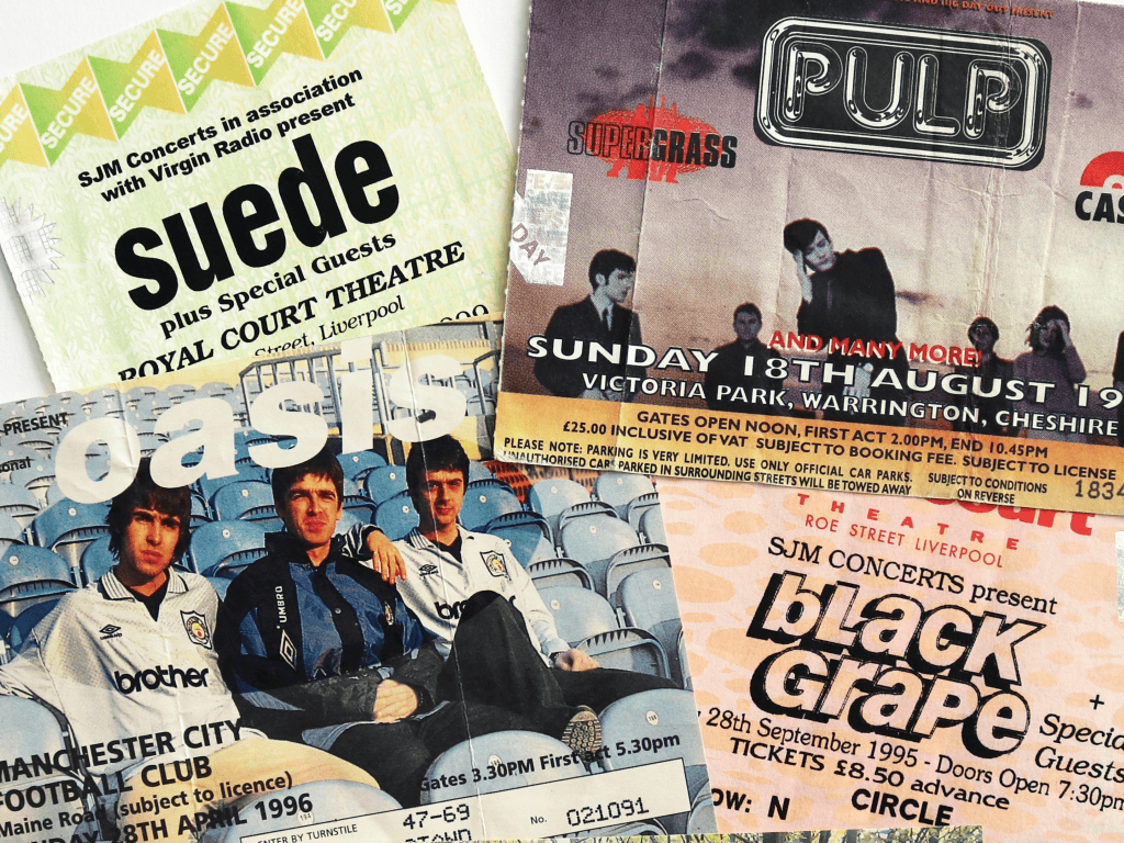 Oasis tour 2027: Old 90s Britpop gig tickets and flyers for Oasis, Suede, Pulp and Black Grape