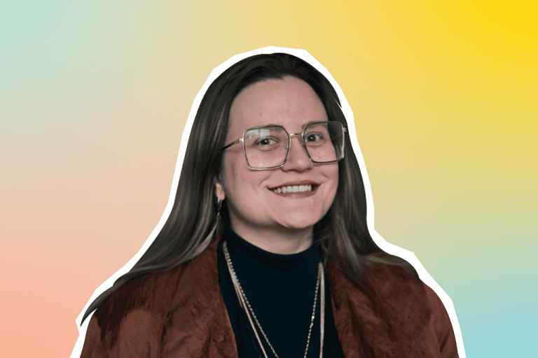 A portrait of Amina on a colorful background