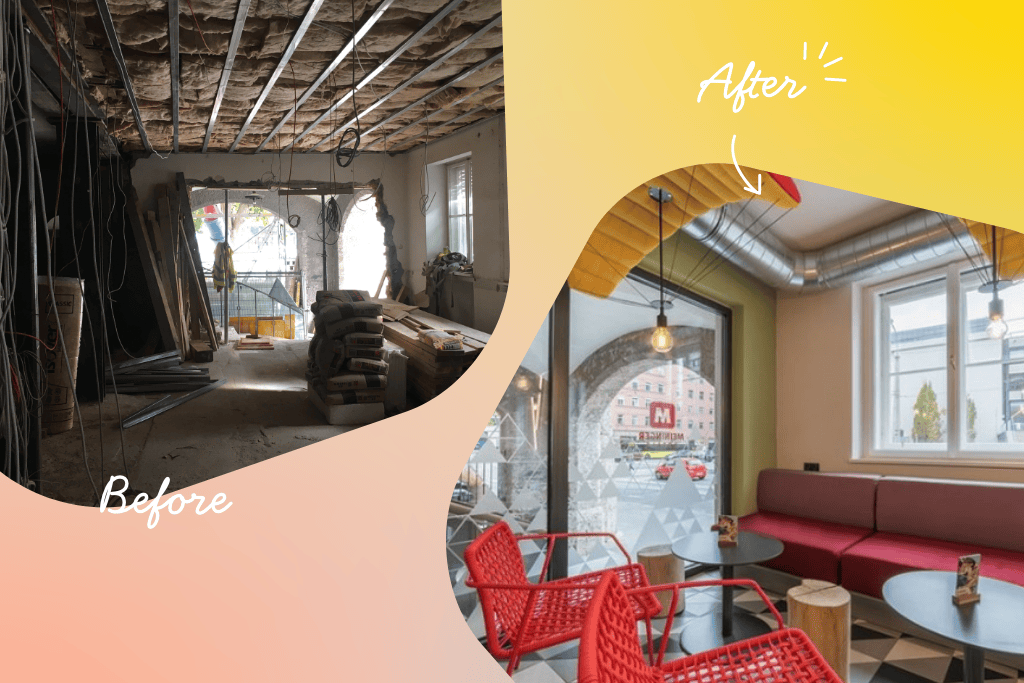 Vorher-Nachher-Bilder der Lounge im MEININGER Hotel Innsbruck Zentrum