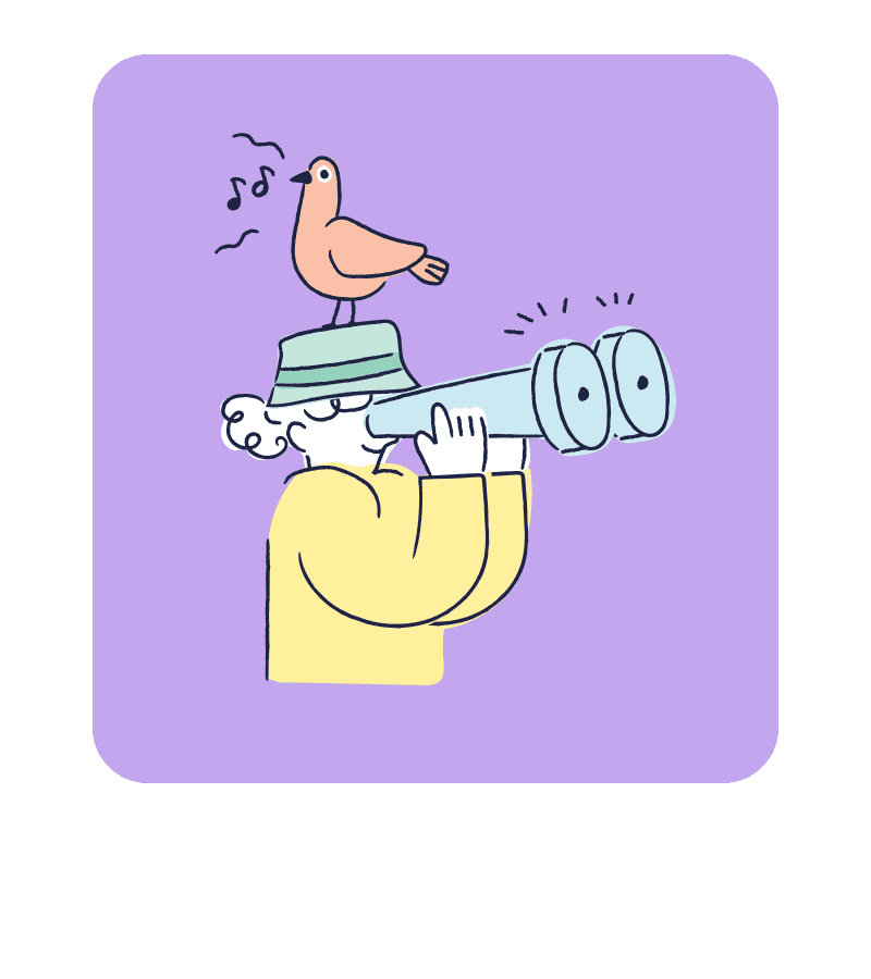 Drawing of a person looking through a binocular with a bird on the head on a violet background