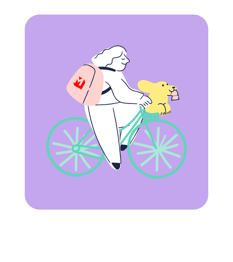 Drawing of a person riding a bike on a violet background