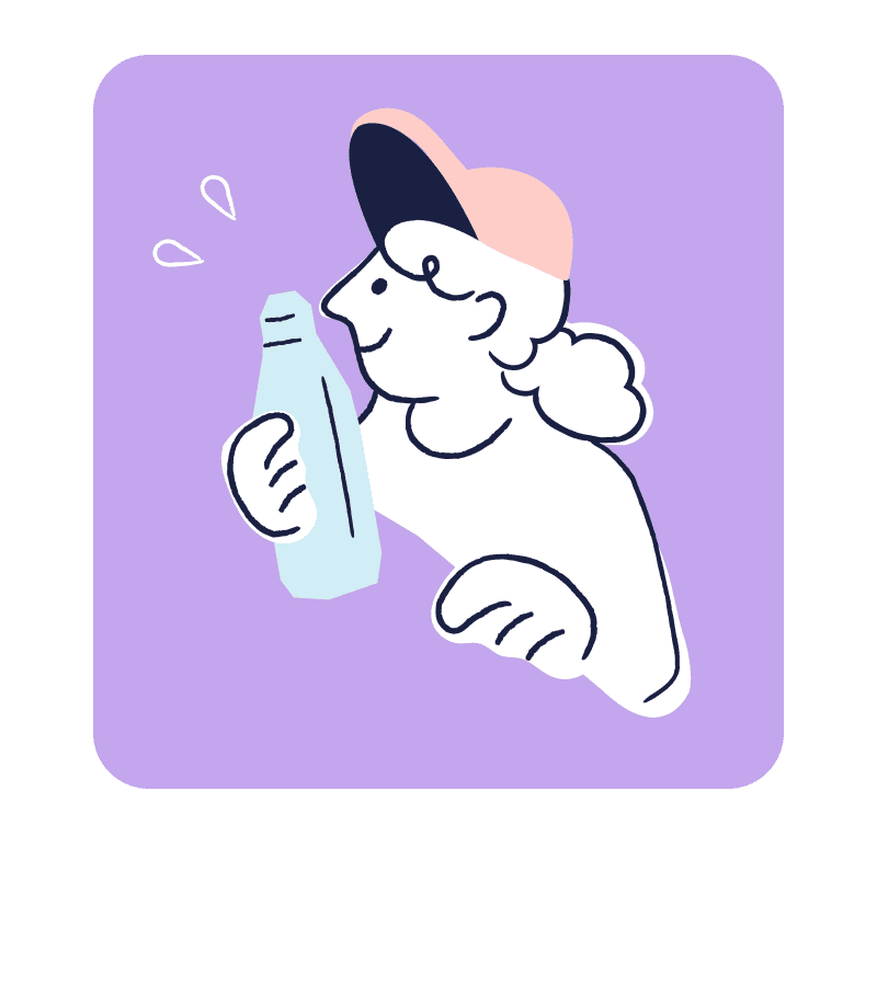 Drawing of a person carrying a water bottle on a violet background