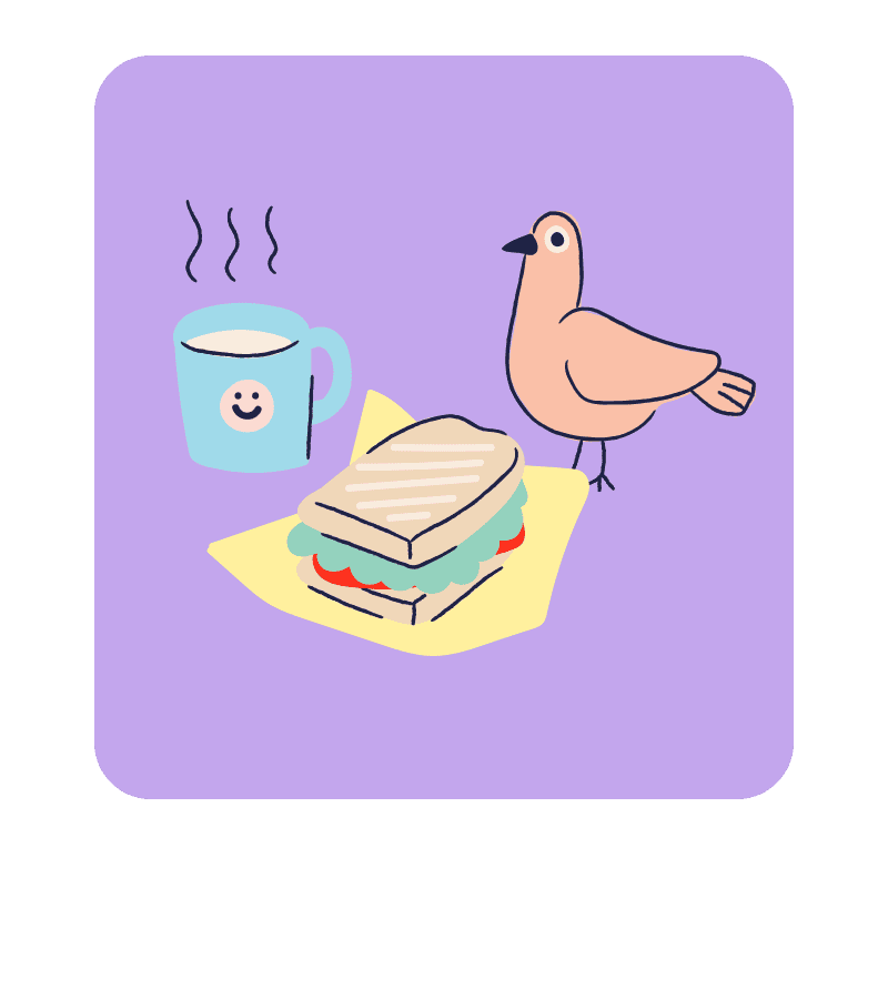 Drawing of a bird next to a cup of tea and a toast on a violet background