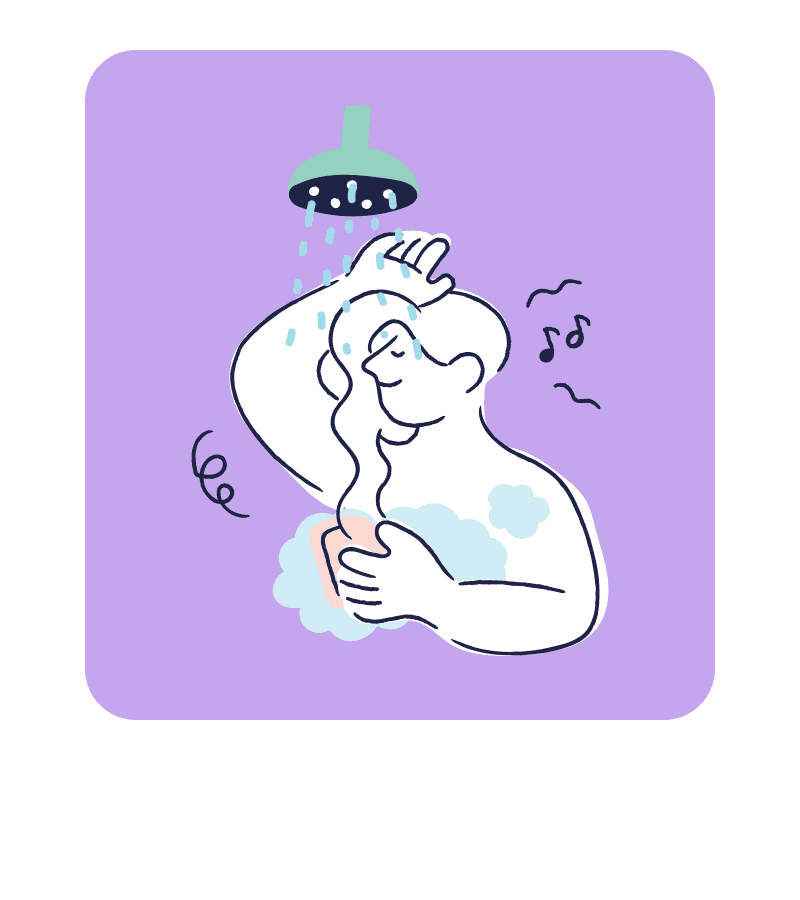 Drawing of a person taking a shower on a violet background