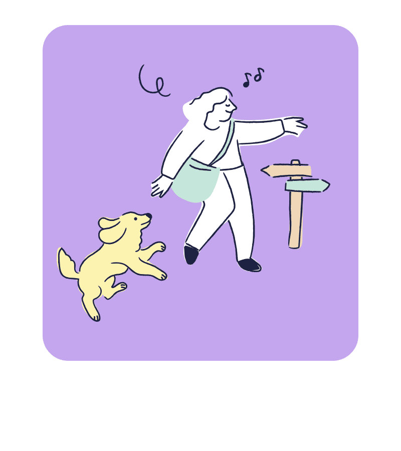 Drawing of a person walking with a dog on a violet background