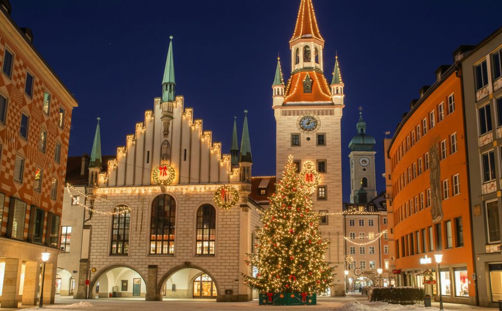 Ambiance des marchés de Noël de Munich : arbre illuminé près de l’Ancien Hôtel de Ville à Marienplatz