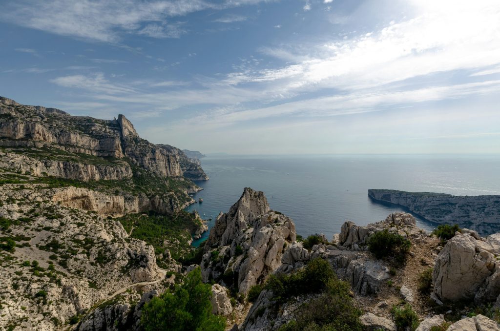 Winter hike views over white cliffs and blue sea in the Calanques near Marseille