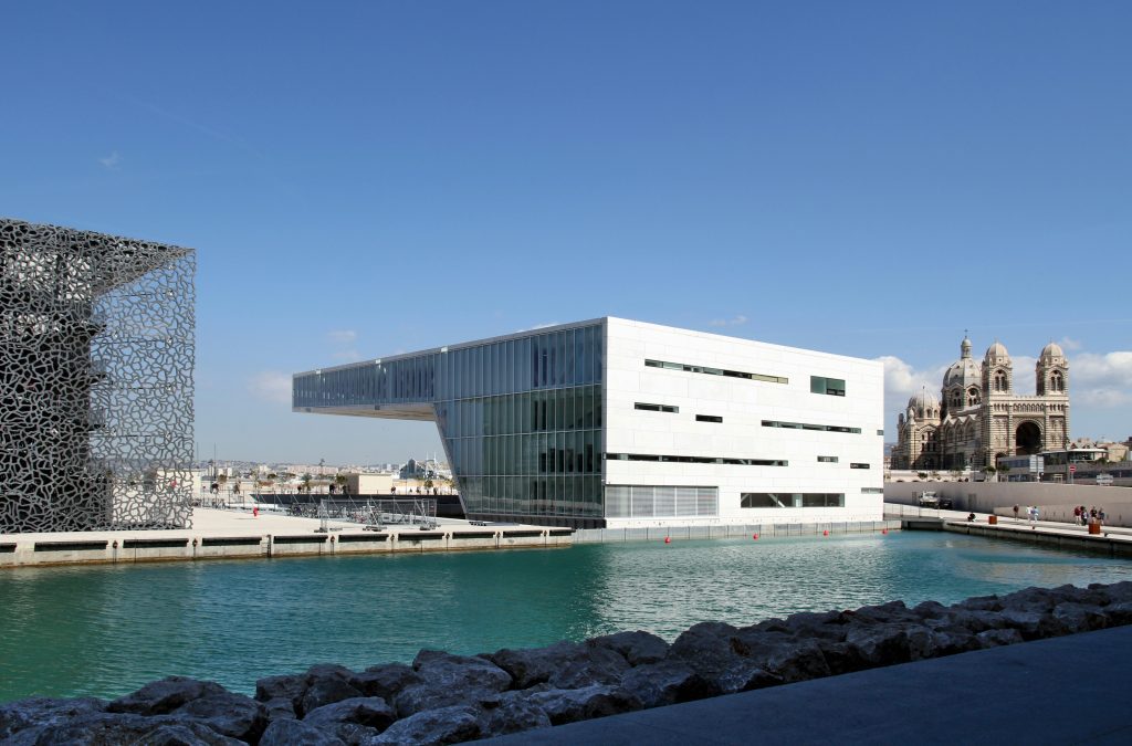 Winter sun over MuCEM, Villa Méditerranée and La Major Cathedral in Marseille