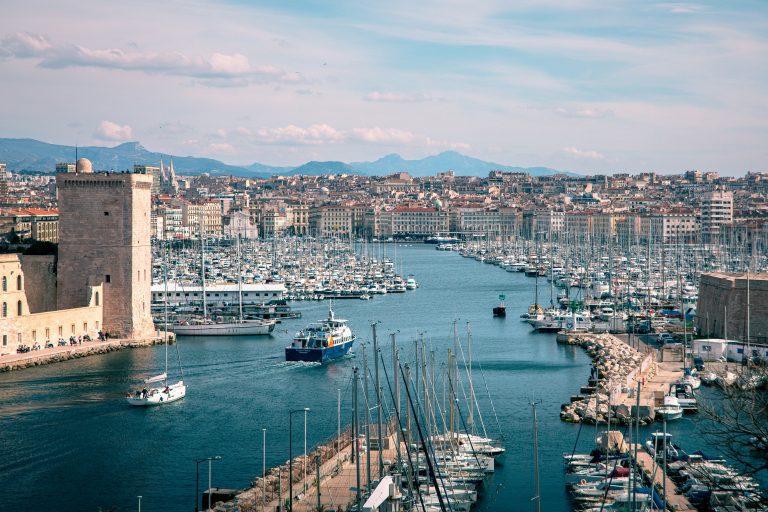 View of the Marseille port with mountains on the background