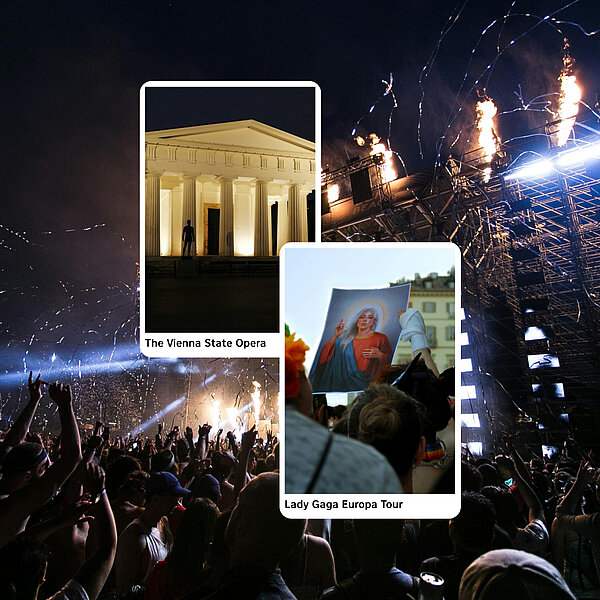 Concert crowd with fireworks and highlights of Vienna State Opera and Lady Gaga tour