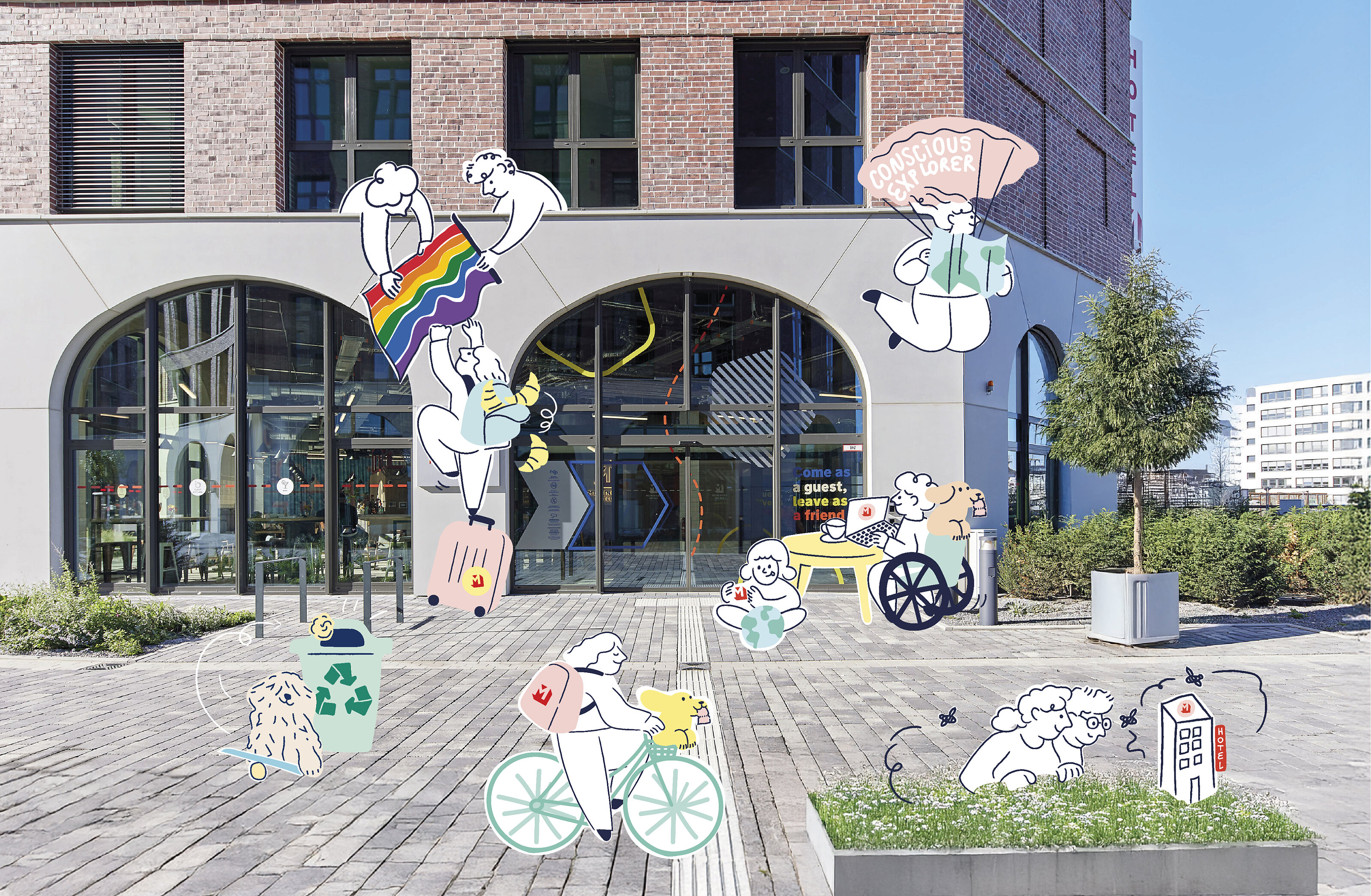 MEININGER Hotel exterior with guests and sustainability-themed illustrations