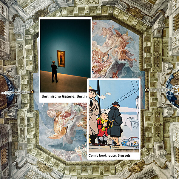 Art and culture collage featuring Berlin gallery and Brussels comic route