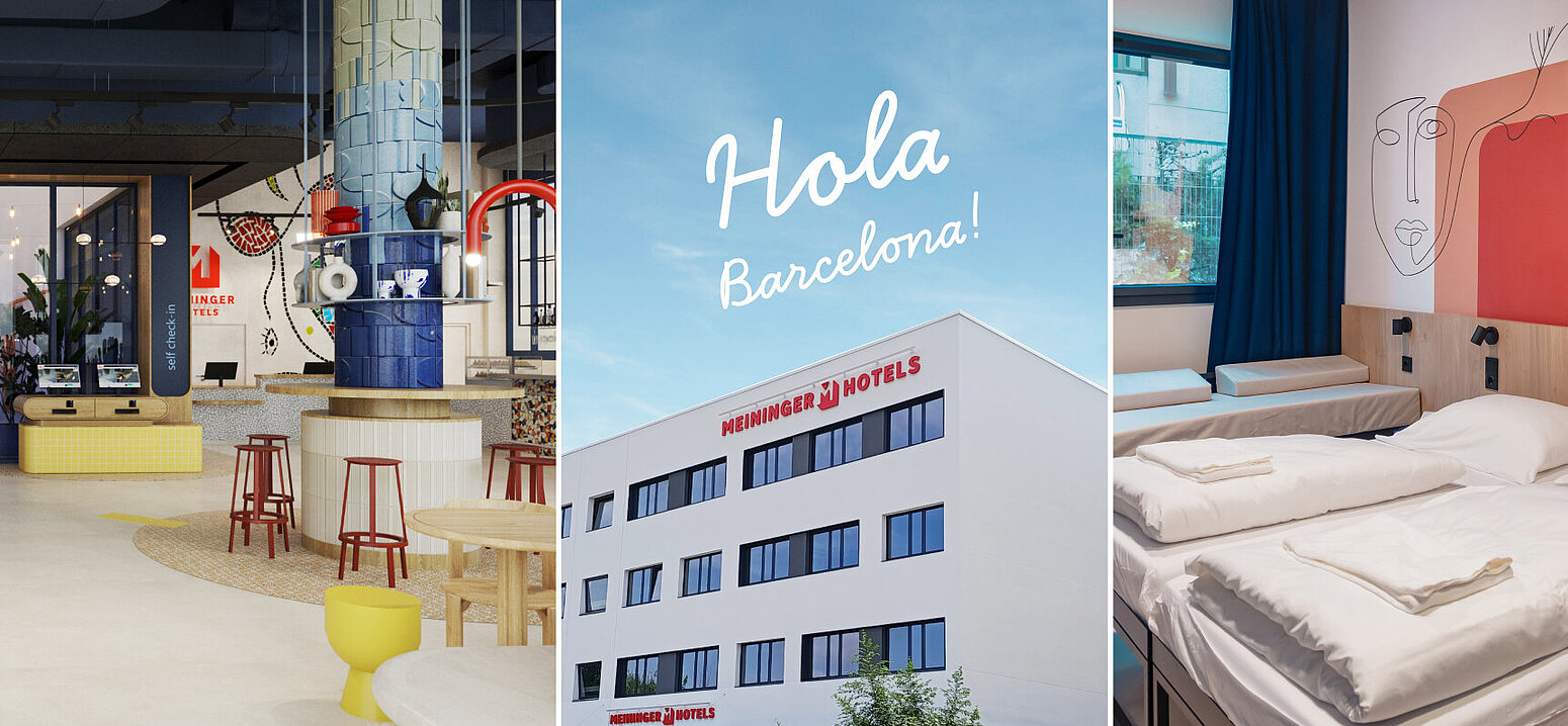 A collage showing the new MEININGER Hotels in Barcelona and the city