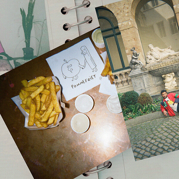 Film photos showing Belgian fries and man posing next to Manneken Pis in Brussels, Belgium