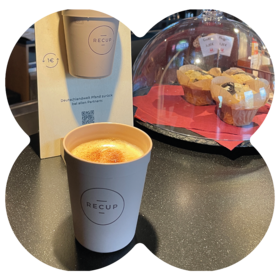 Reusable coffee cup at MEININGER Hotels supporting low-waste takeaway