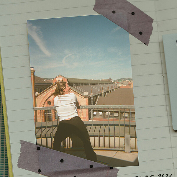 Film photo showing a woman posing on a terrace in Budapest, Hungary