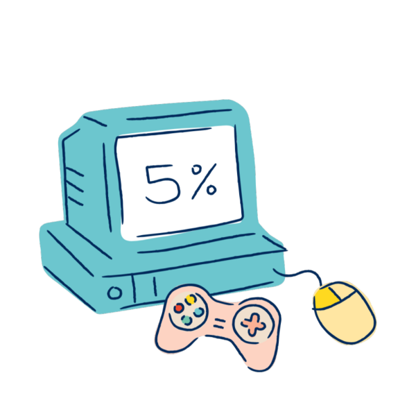 Drawing of a computer with a 5% number on the screen, a joypad and a mouse