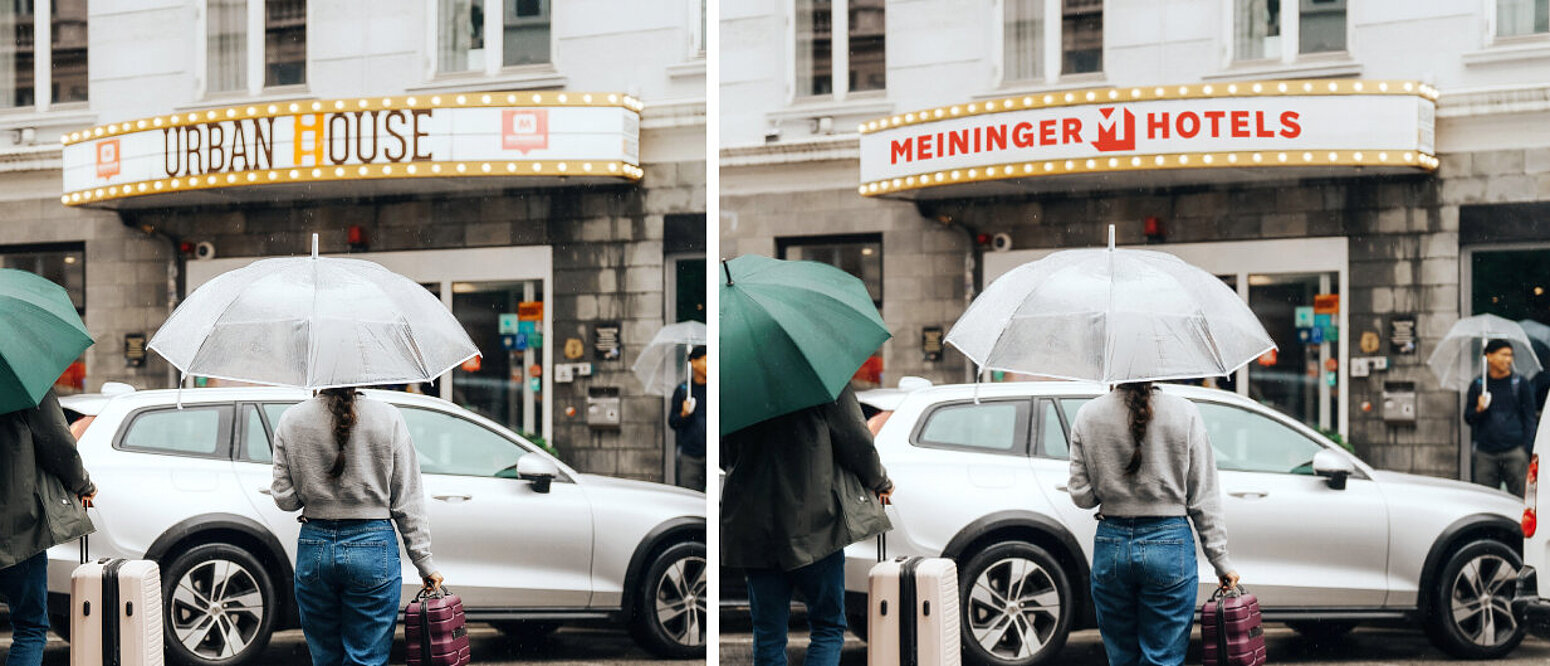 A collage of the MEININGER Hotel Copenhagen facade and room