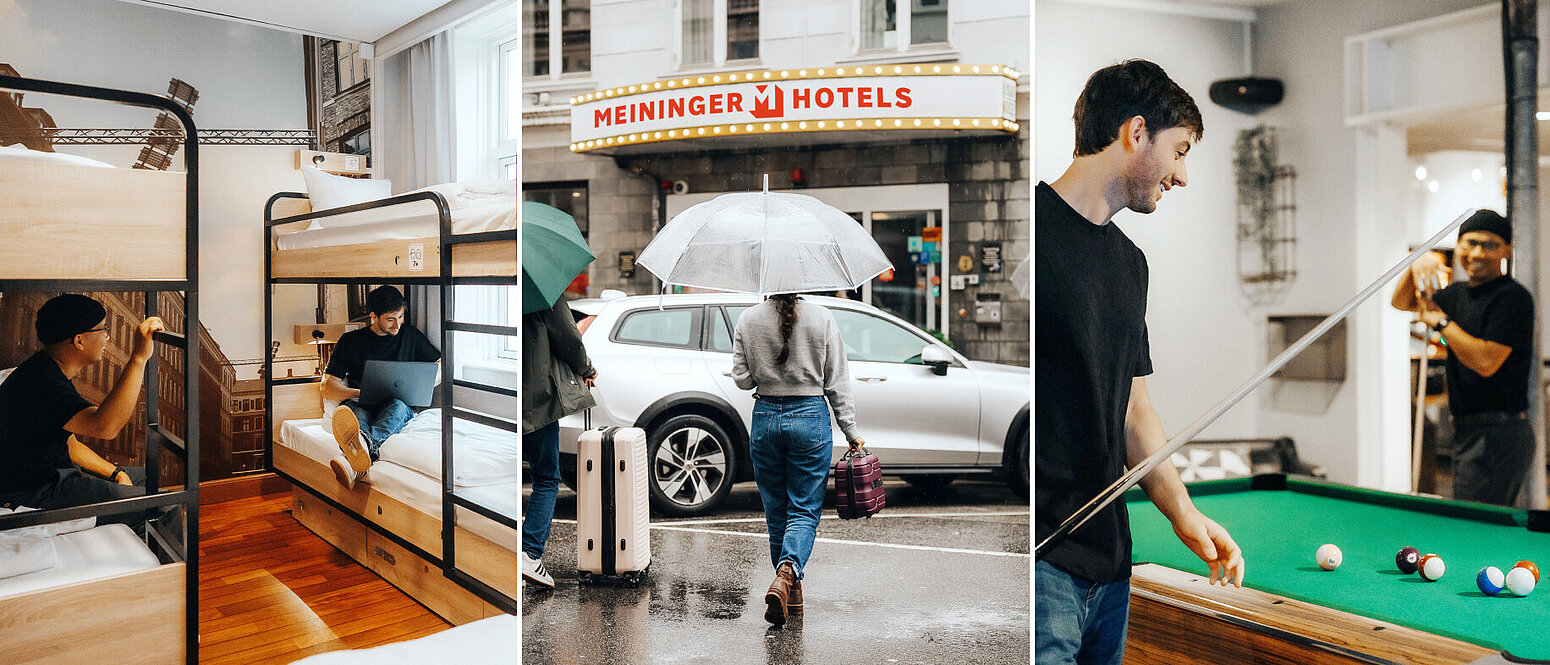 A collage of the MEININGER Hotel Copenhagen facade and room